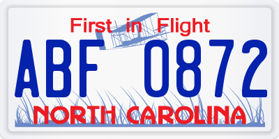 NC license plate ABF0872