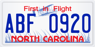 NC license plate ABF0920
