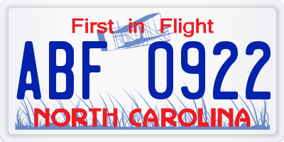 NC license plate ABF0922
