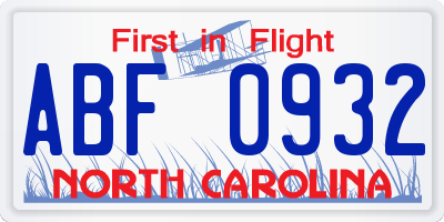 NC license plate ABF0932