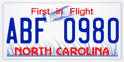NC license plate ABF0980