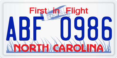 NC license plate ABF0986