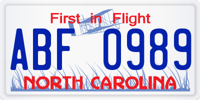 NC license plate ABF0989