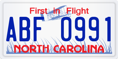 NC license plate ABF0991