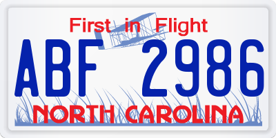 NC license plate ABF2986