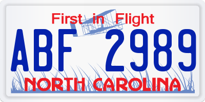 NC license plate ABF2989