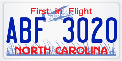 NC license plate ABF3020