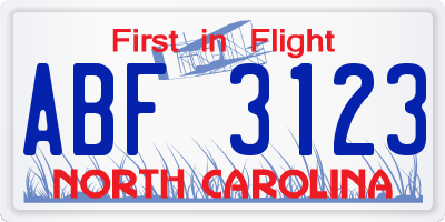 NC license plate ABF3123