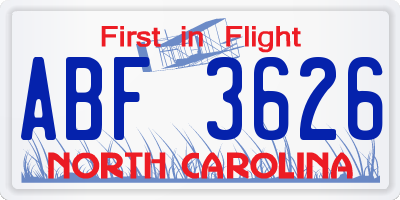 NC license plate ABF3626