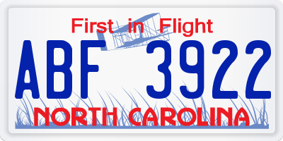 NC license plate ABF3922