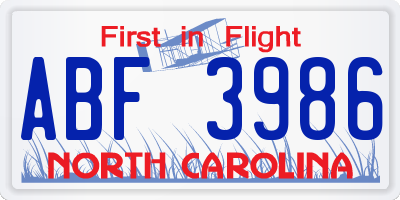 NC license plate ABF3986