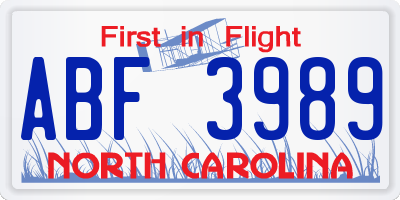 NC license plate ABF3989