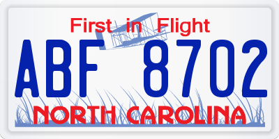NC license plate ABF8702