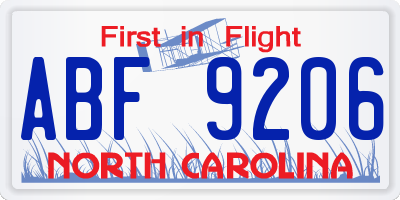 NC license plate ABF9206