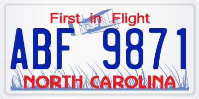 NC license plate ABF9871