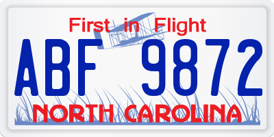 NC license plate ABF9872