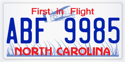 NC license plate ABF9985