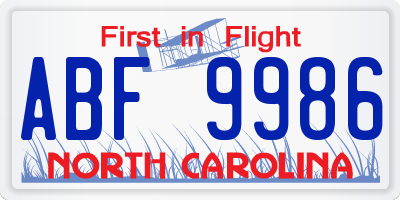 NC license plate ABF9986