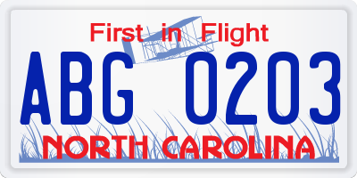 NC license plate ABG0203