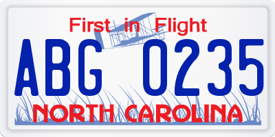 NC license plate ABG0235