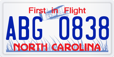 NC license plate ABG0838