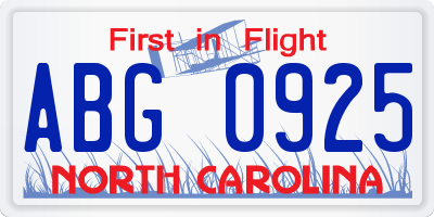 NC license plate ABG0925