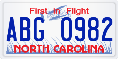 NC license plate ABG0982