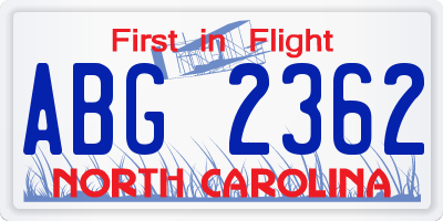 NC license plate ABG2362
