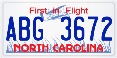 NC license plate ABG3672