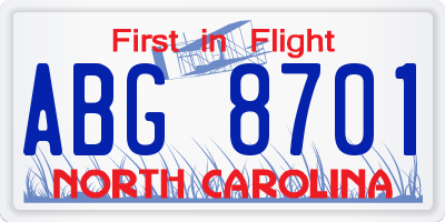 NC license plate ABG8701