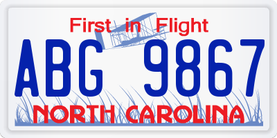 NC license plate ABG9867