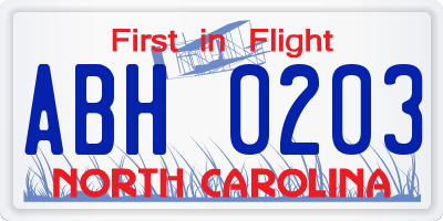 NC license plate ABH0203