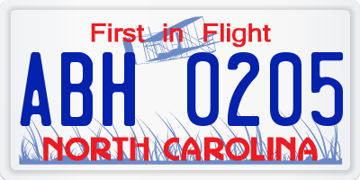 NC license plate ABH0205
