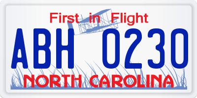 NC license plate ABH0230