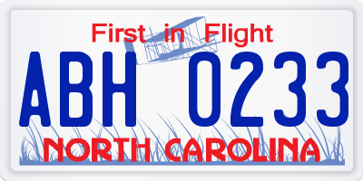NC license plate ABH0233
