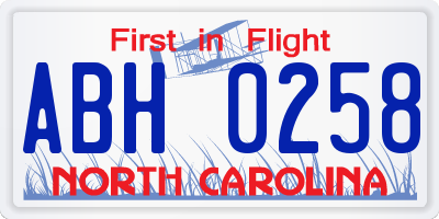NC license plate ABH0258