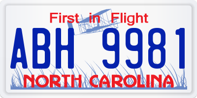 NC license plate ABH9981