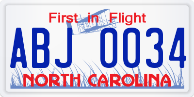 NC license plate ABJ0034