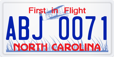NC license plate ABJ0071
