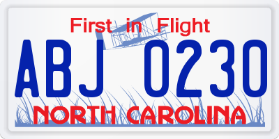 NC license plate ABJ0230