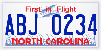 NC license plate ABJ0234
