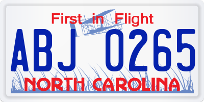 NC license plate ABJ0265