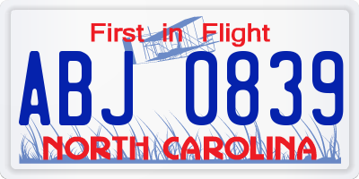 NC license plate ABJ0839
