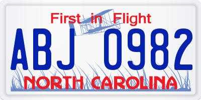 NC license plate ABJ0982