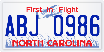 NC license plate ABJ0986