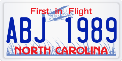 NC license plate ABJ1989