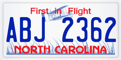 NC license plate ABJ2362