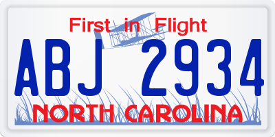 NC license plate ABJ2934