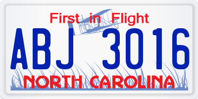 NC license plate ABJ3016