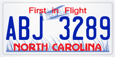 NC license plate ABJ3289